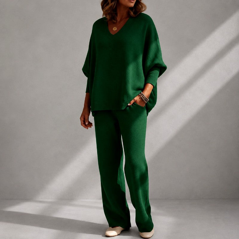 Jemima - Women's V-Neck Knit Top & Wide-Leg Pants Set