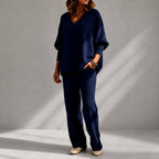 Jemima - Women's V-Neck Knit Top & Wide-Leg Pants Set
