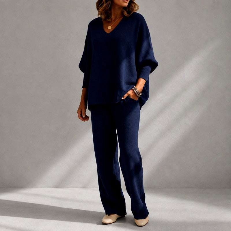 Jemima - Women's V-Neck Knit Top & Wide-Leg Pants Set