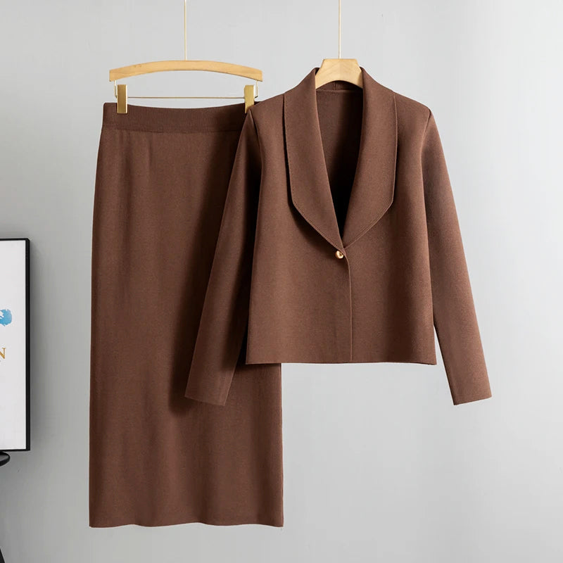 Jhonalie - Women's Knit Blazer & Midi Skirt Set