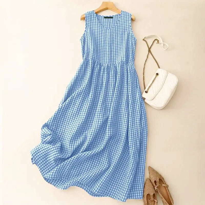 Julia - Women's Gingham Sleeveless Midi Dress