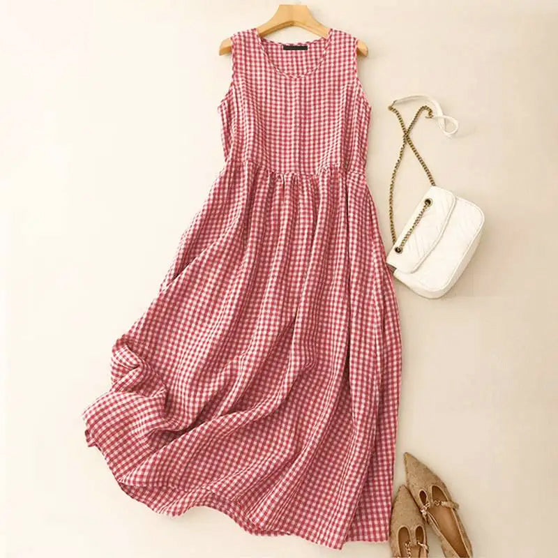 Julia - Women's Gingham Sleeveless Midi Dress
