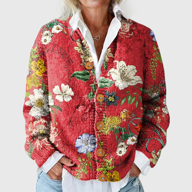 Karina - Women's Floral Button-Front V-Neck Cardigan