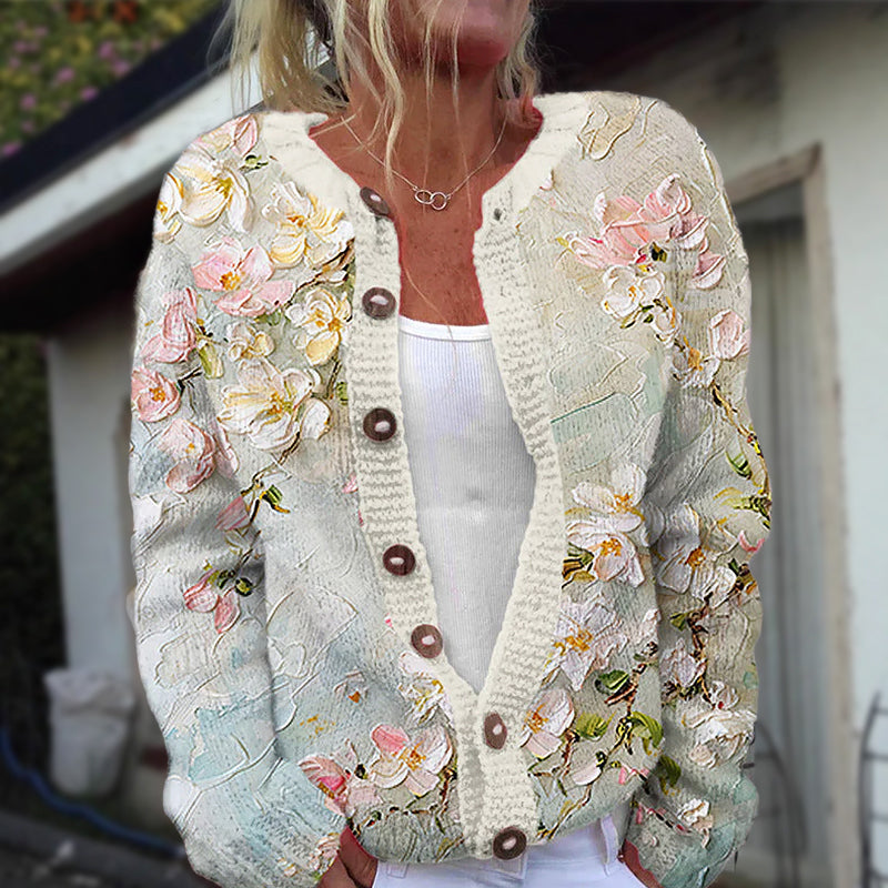 Karina - Women's Floral Button-Front V-Neck Cardigan