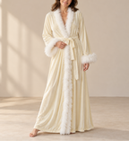 Lea - Women’s Long Velvet Robe with Fur Trim