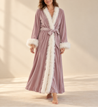 Lea - Women’s Long Velvet Robe with Fur Trim