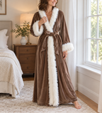 Lea - Women’s Long Velvet Robe with Fur Trim