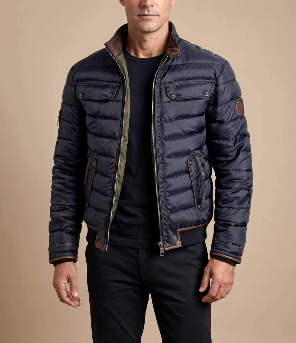 Leon - Men's Channel-Quilted Puffer Jacket with Stand Collar