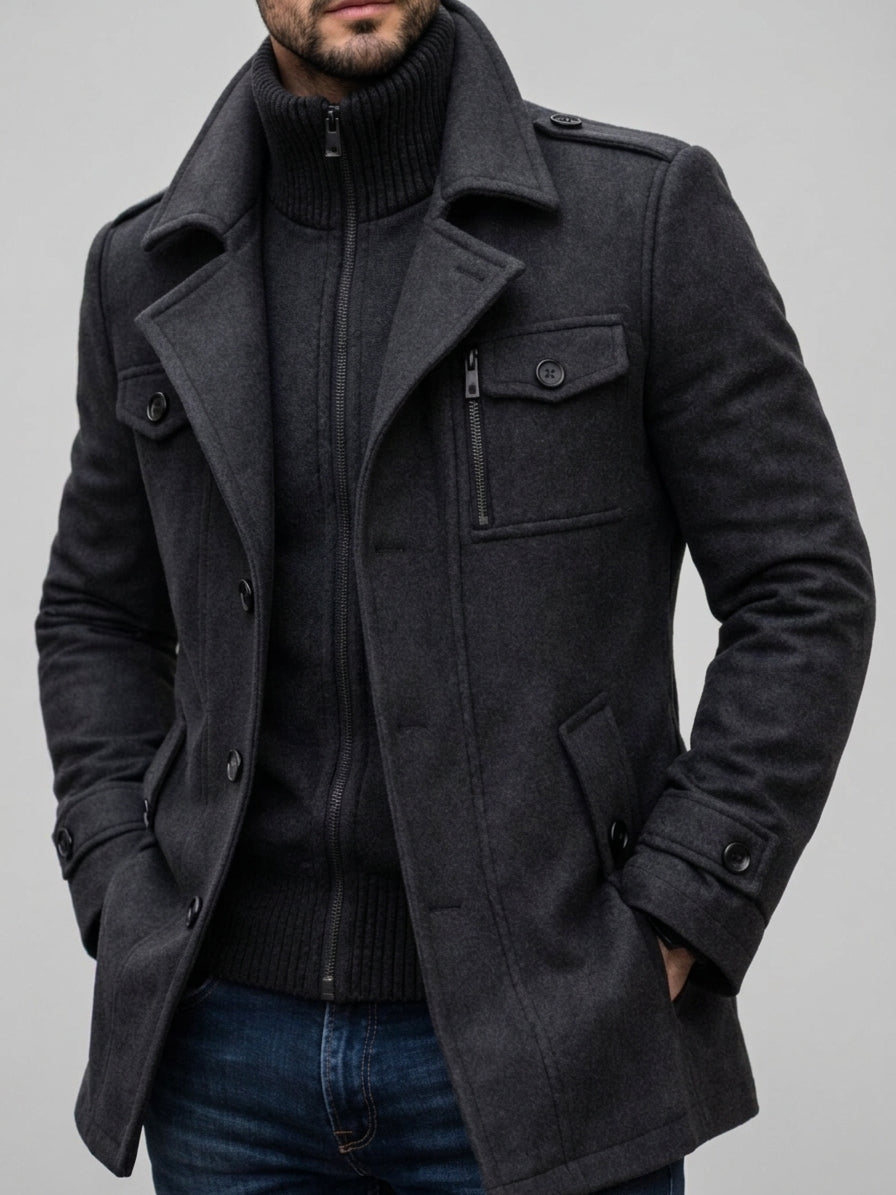 Louie - Men's Military Field Coat with Stand Collar Zip Insert