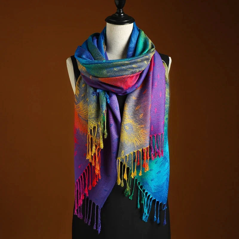 Lucy - Bohemian Peacock Print Cashmere Blend Shawl