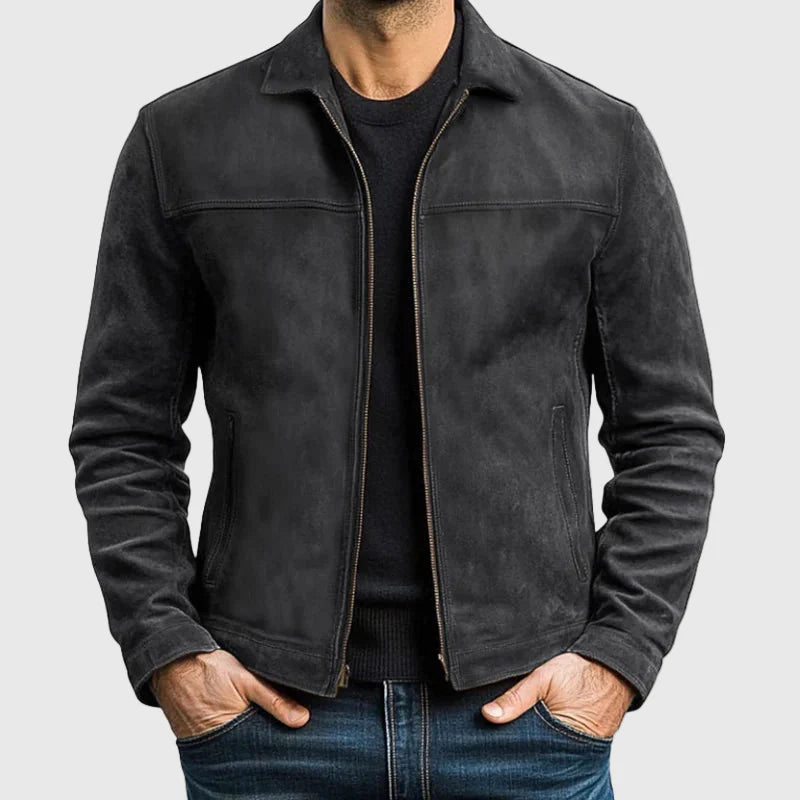 Luke - Men's Leather Suede Collared Zip-Up Jacket