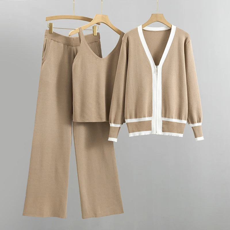 Luna - Women's Contrast Trim Knit Cardigan Three-Piece Set
