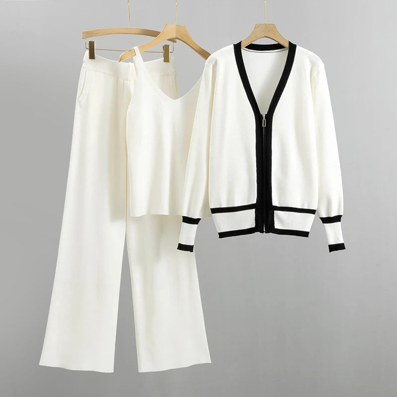 Luna - Women's Contrast Trim Knit Cardigan Three-Piece Set
