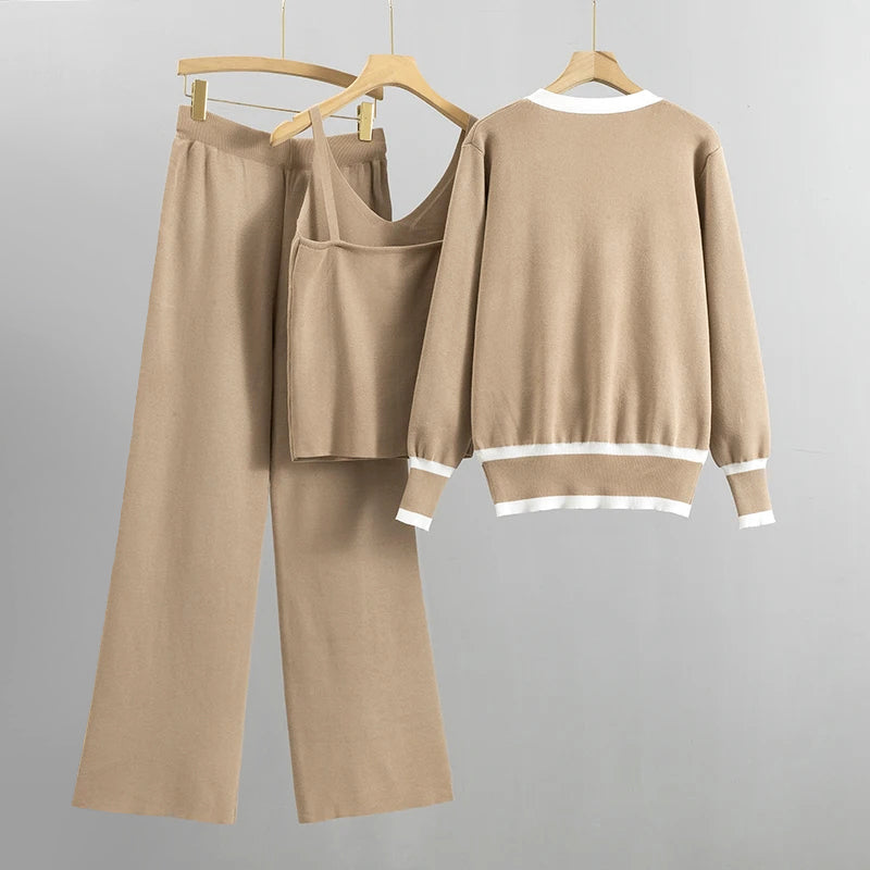 Luna - Women's Contrast Trim Knit Cardigan Three-Piece Set
