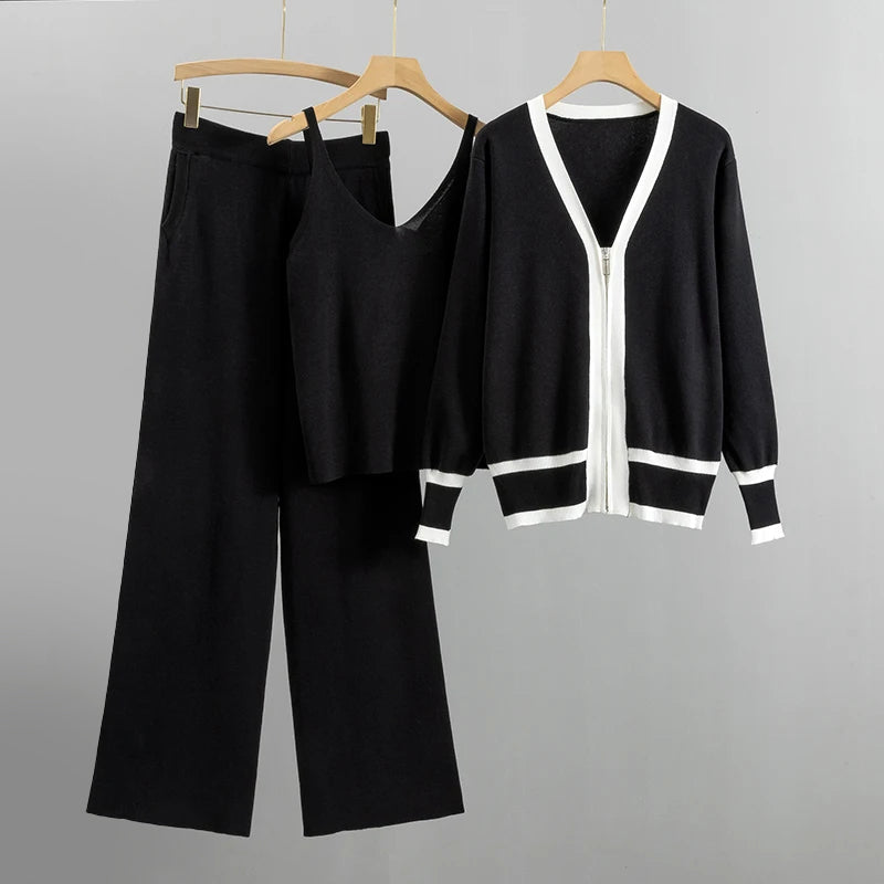 Luna - Women's Contrast Trim Knit Cardigan Three-Piece Set