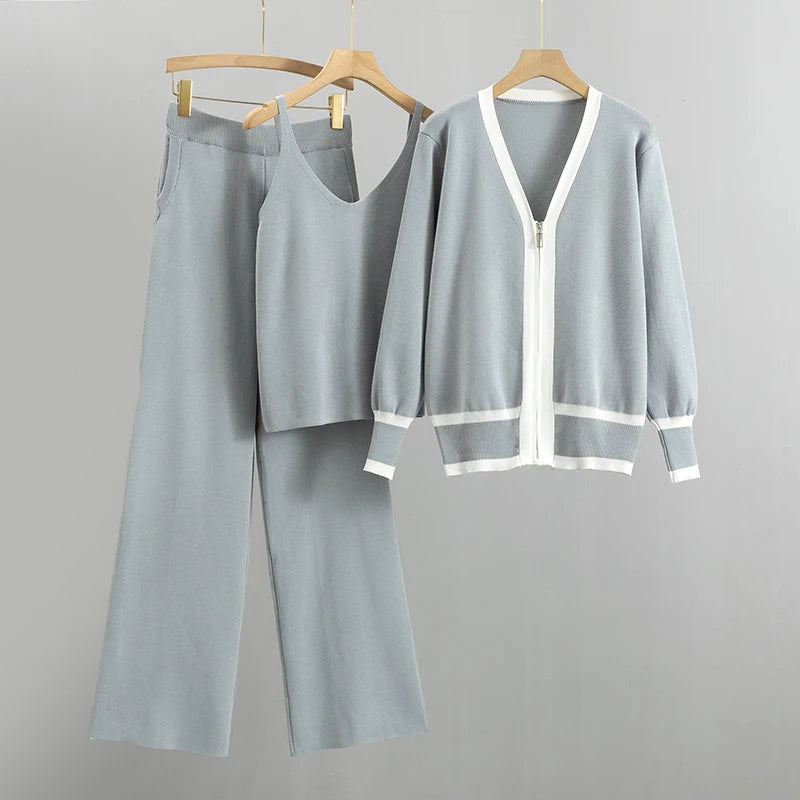 Luna - Women's Contrast Trim Knit Cardigan Three-Piece Set