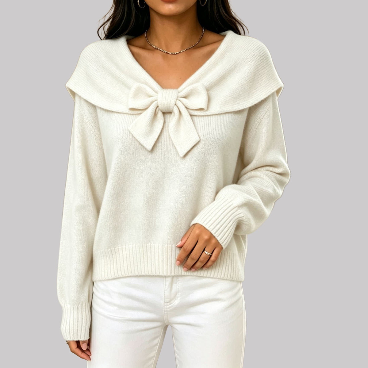 Mabel - Women's V-Neck Sweater with Bow Detail