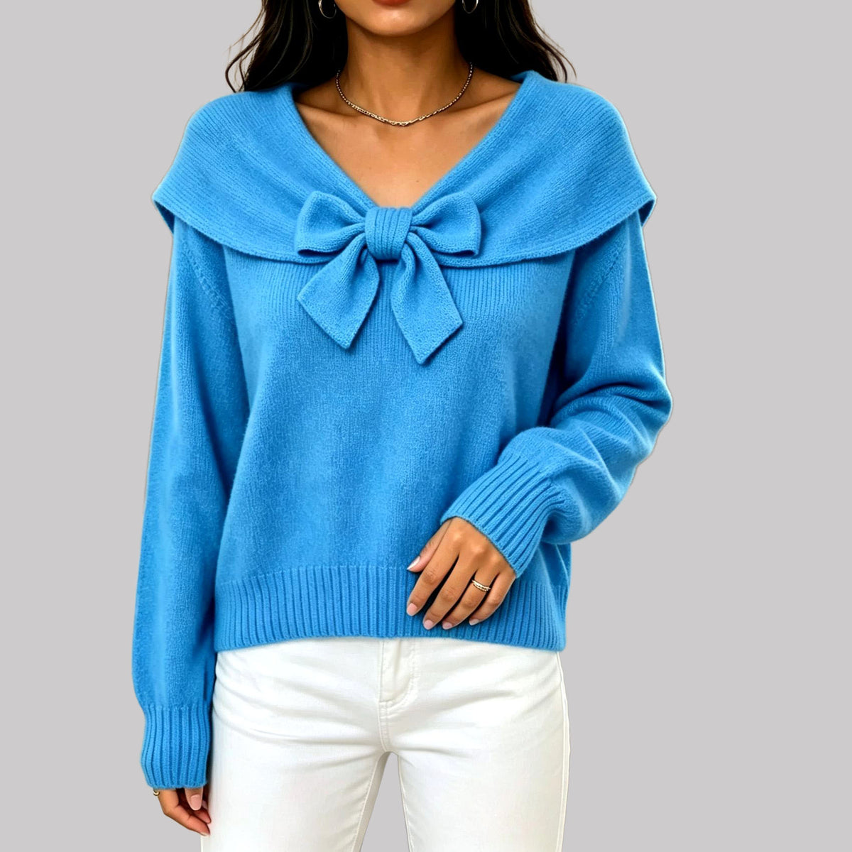 Mabel - Women's V-Neck Sweater with Bow Detail