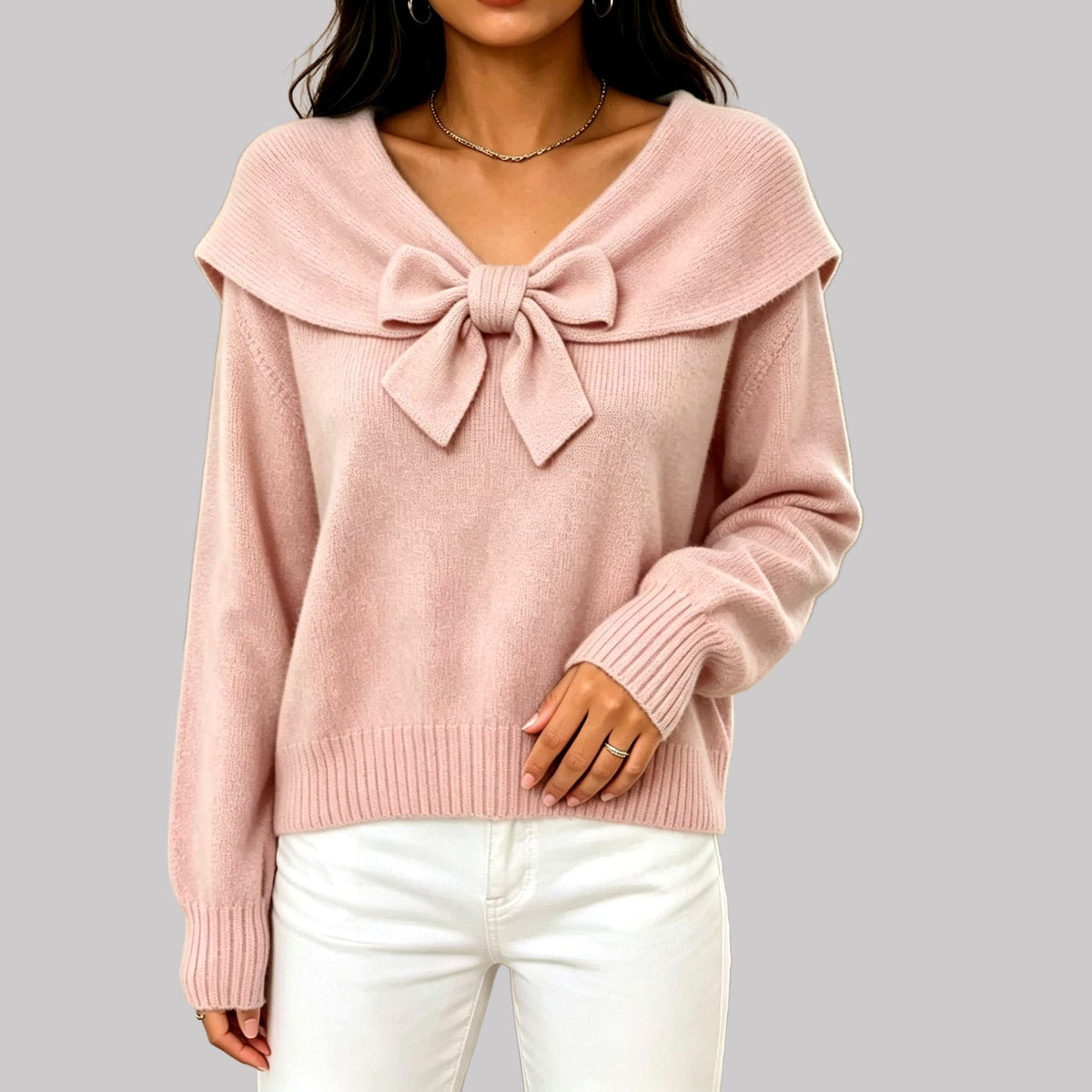 Mabel - Women's V-Neck Sweater with Bow Detail