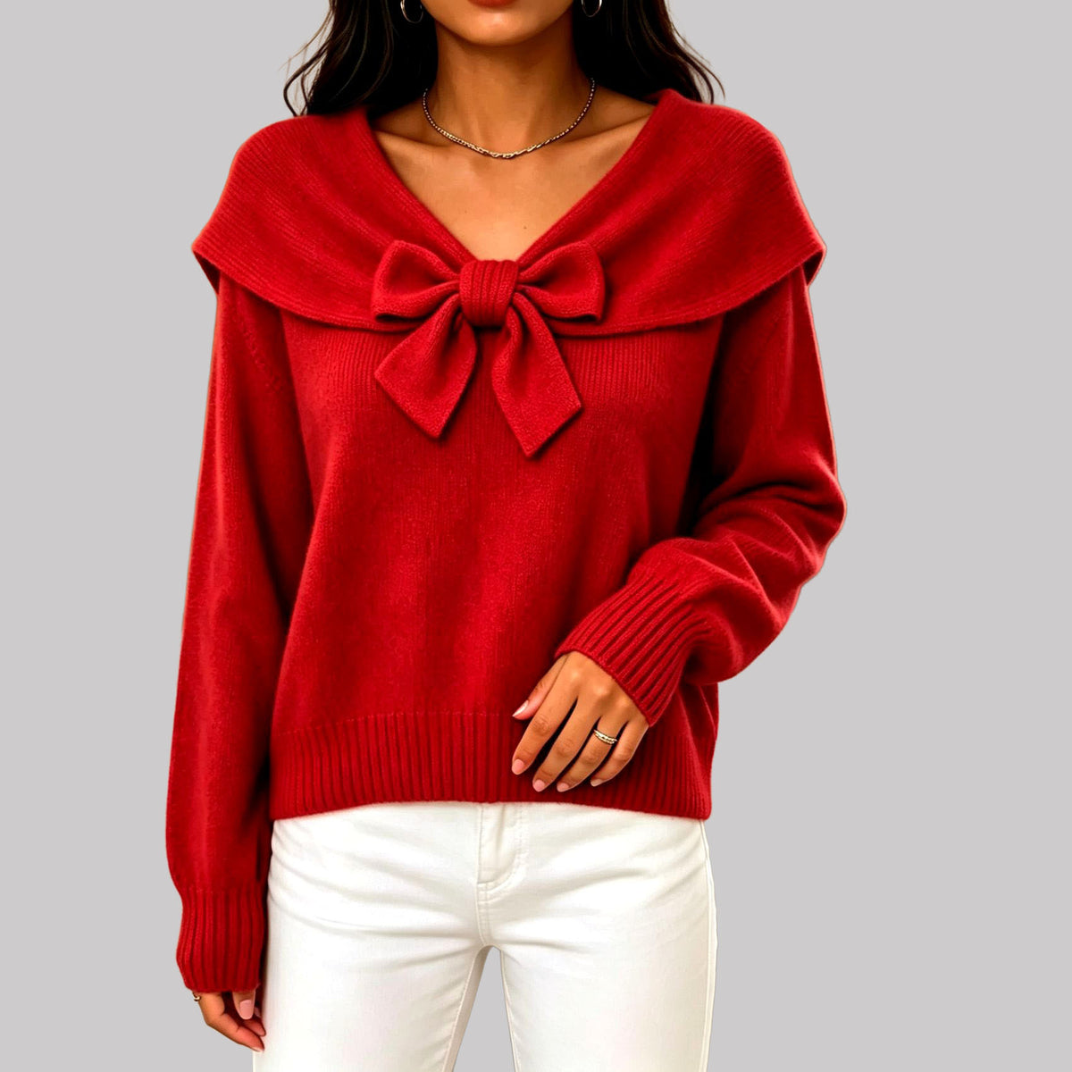 Mabel - Women's V-Neck Sweater with Bow Detail