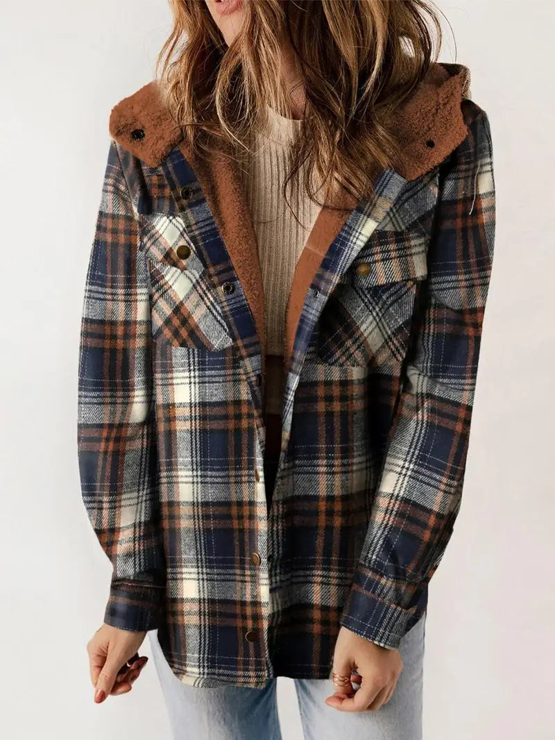 Margaux - Women's Plaid Button-Front Shacket with Hood