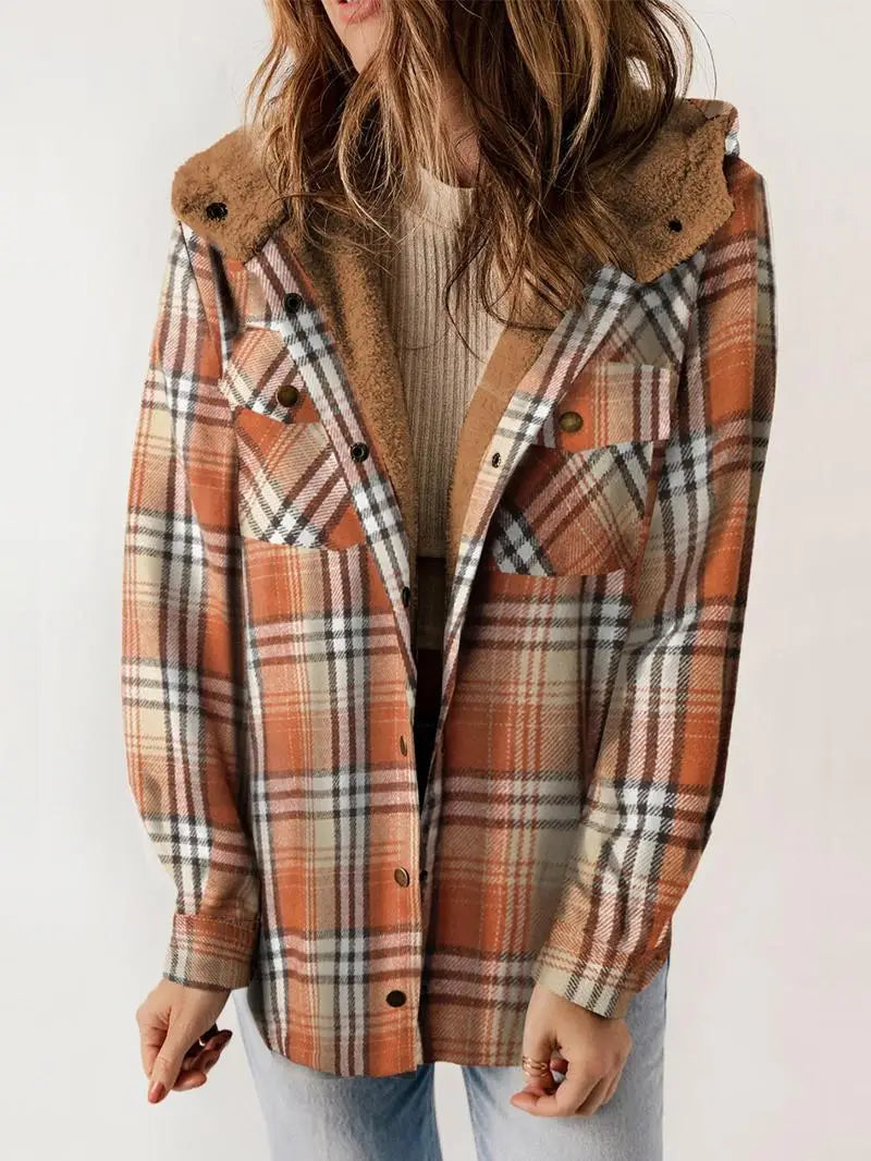 Margaux - Women's Plaid Button-Front Shacket with Hood