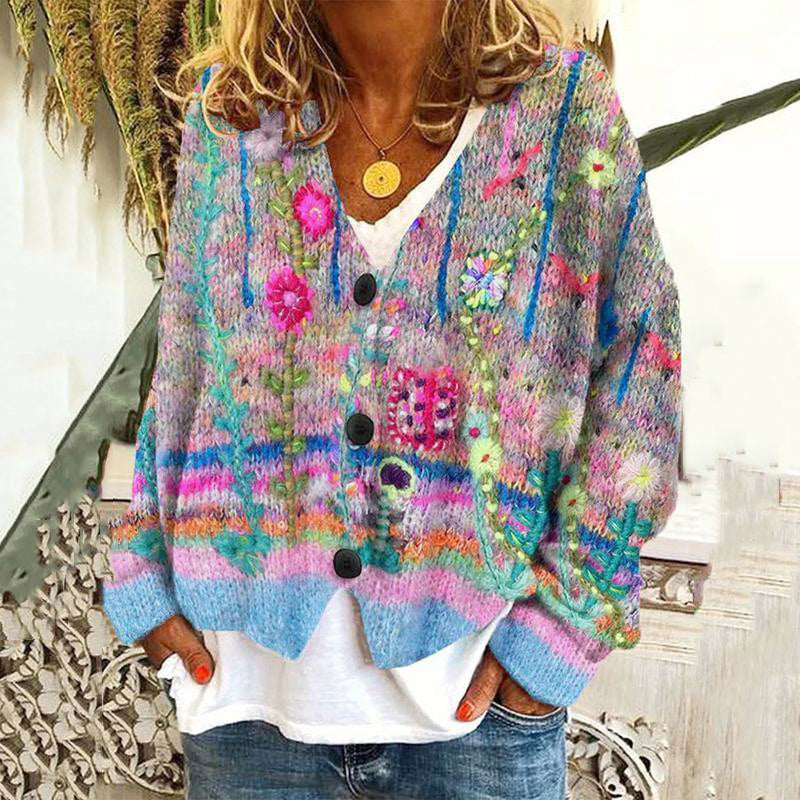 Marigold - Women's Embroidered V-Neck Cardigan