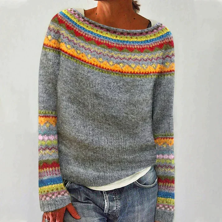 Nataly - Women's Striped Cuff Fair Isle Sweater