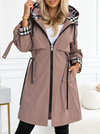 Piper - Women's Hooded Zip Rain Jacket with Plaid Cuff Detail