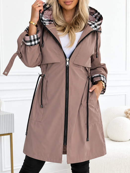 Piper - Women's Hooded Zip Rain Jacket with Plaid Cuff Detail