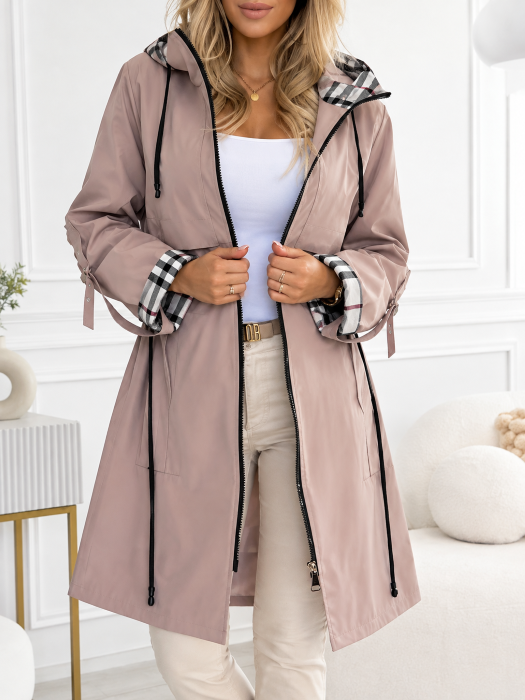 Piper - Women's Hooded Zip Rain Jacket with Plaid Cuff Detail