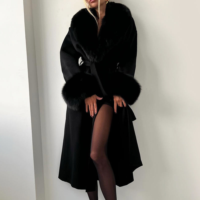 Raya - Women’s Belted Faux Fur Trim Longline Coat
