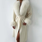 Raya - Women’s Belted Faux Fur Trim Longline Coat