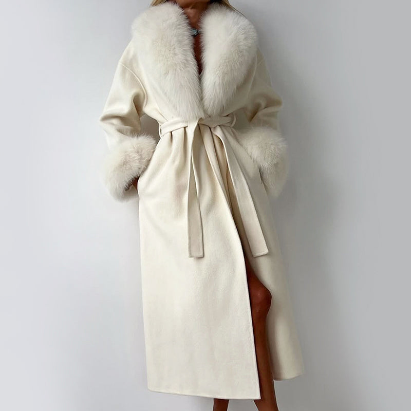 Raya - Women’s Belted Faux Fur Trim Longline Coat