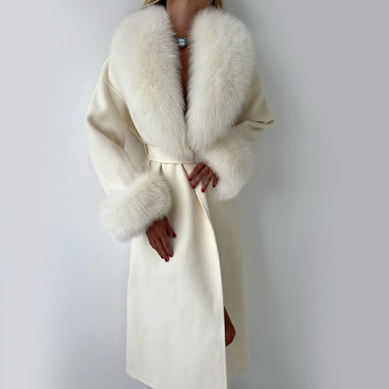 Raya - Women’s Belted Faux Fur Trim Longline Coat