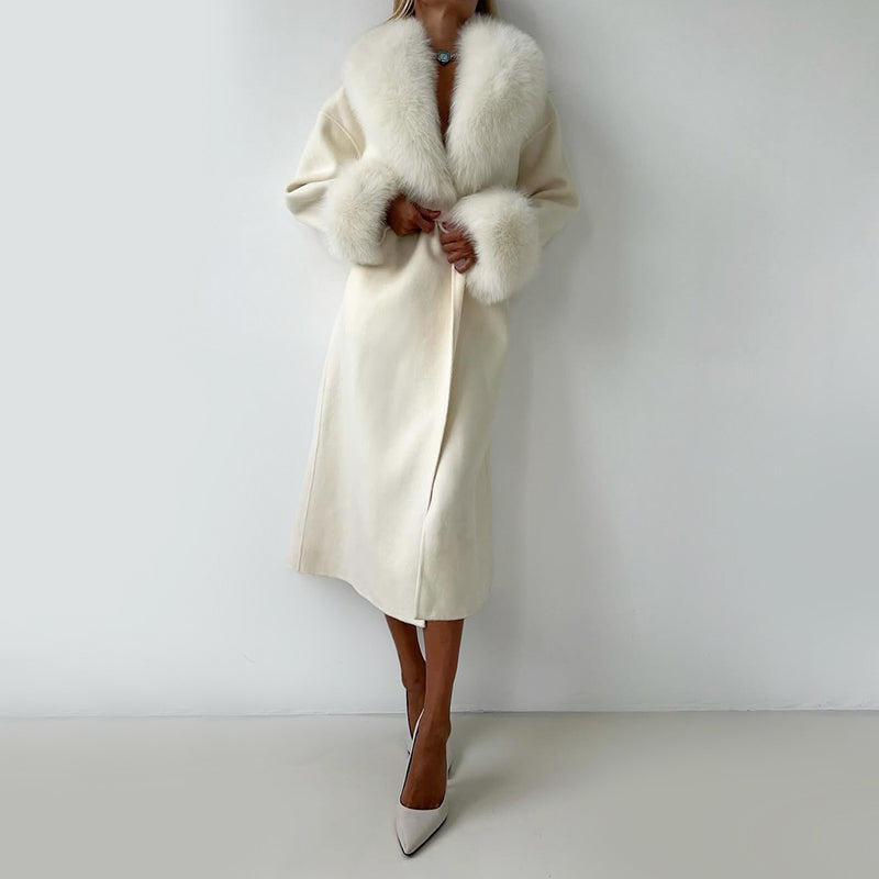 Raya - Women’s Belted Faux Fur Trim Longline Coat