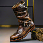 Rowan - Men's Aged Leather Engineer Boots with Metal Buckle Straps