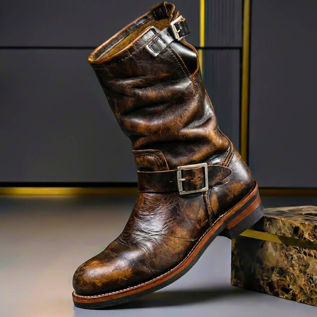 Rowan - Men's Aged Leather Engineer Boots with Metal Buckle Straps