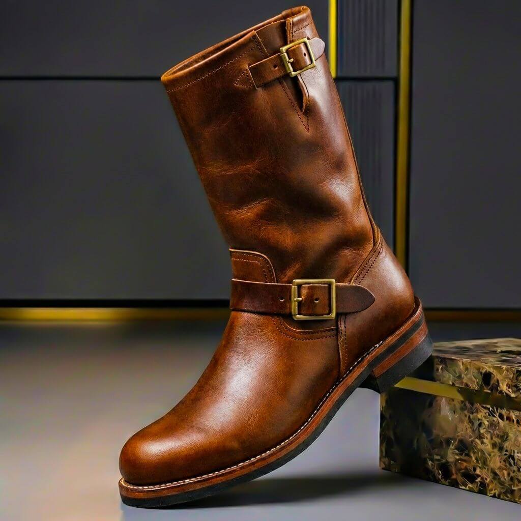 Rowan - Men's Aged Leather Engineer Boots with Metal Buckle Straps