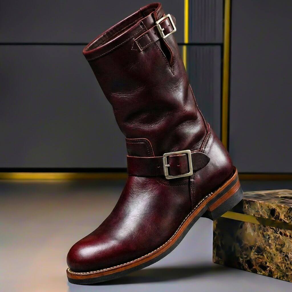 Rowan - Men's Aged Leather Engineer Boots with Metal Buckle Straps