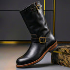 Rowan - Men's Aged Leather Engineer Boots with Metal Buckle Straps