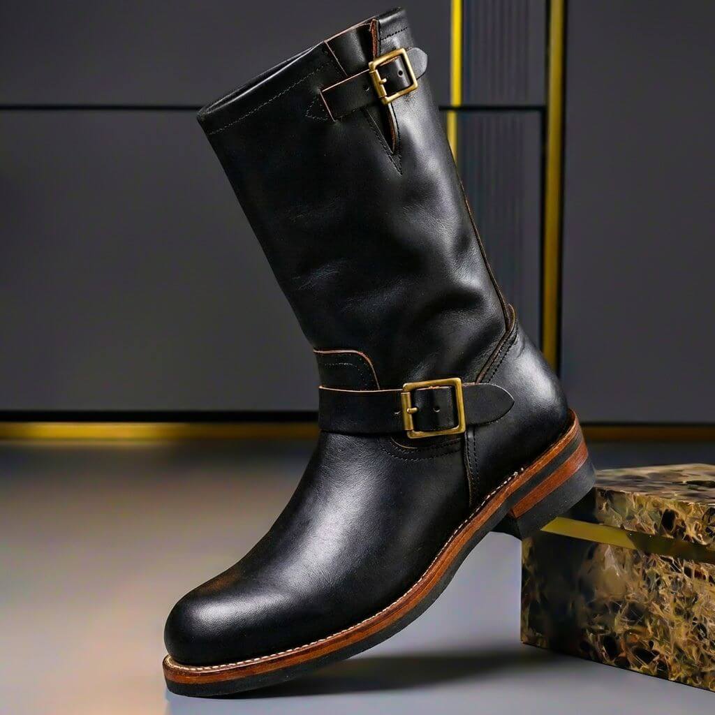 Rowan - Men's Aged Leather Engineer Boots with Metal Buckle Straps
