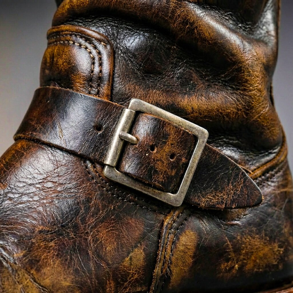 Rowan - Men's Aged Leather Engineer Boots with Metal Buckle Straps