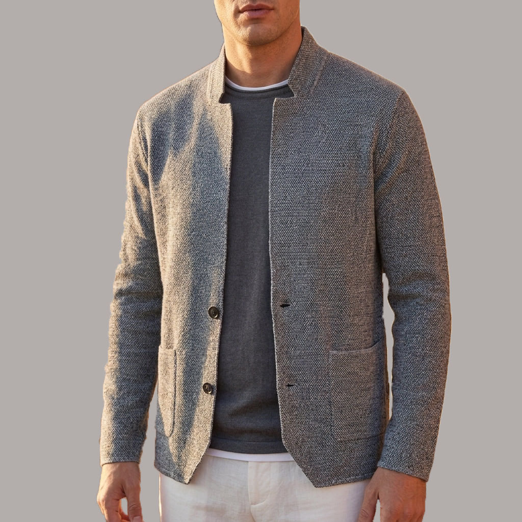 Sam - Men's Textured Knit Cardigan with Stand Collar
