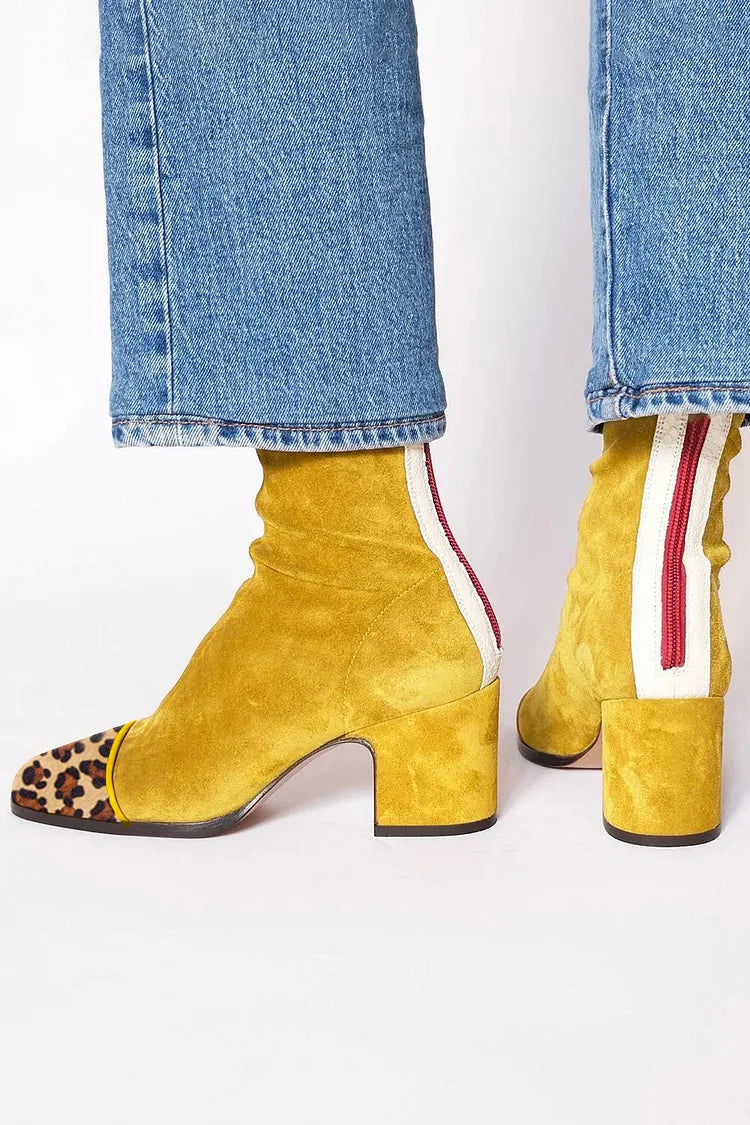 Simone - Women's Mustard Suede Ankle Boots with Leopard Toe Cap