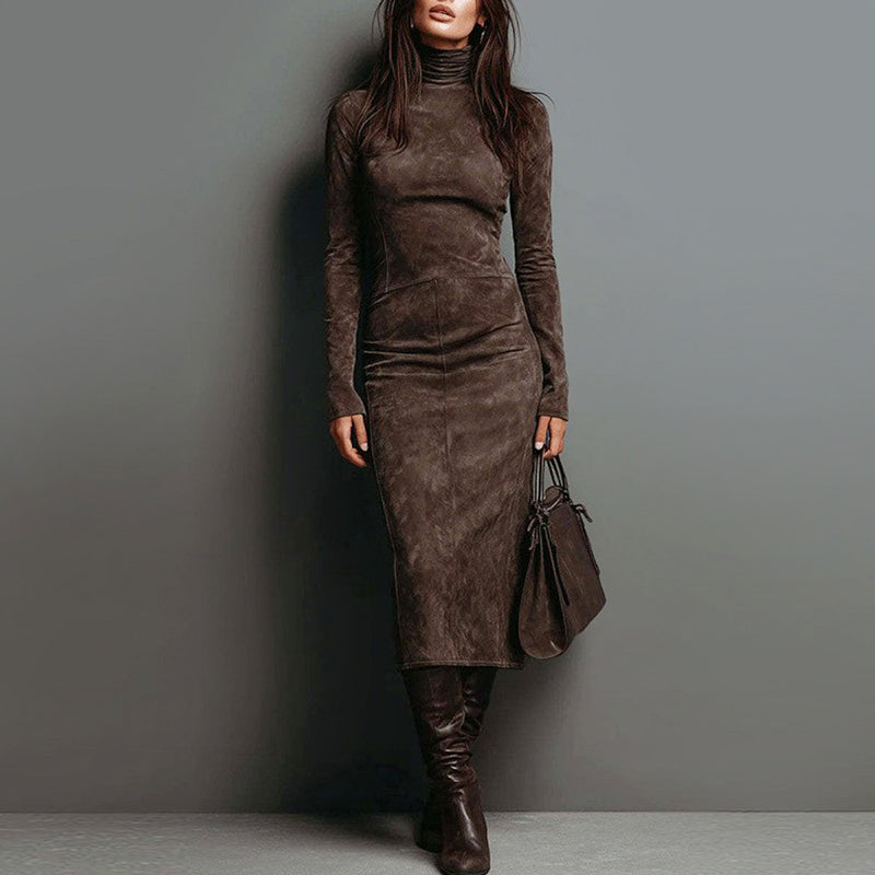 Sophia - Women's Suede Turtleneck Midi Dress