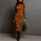 Sophia - Women's Suede Turtleneck Midi Dress
