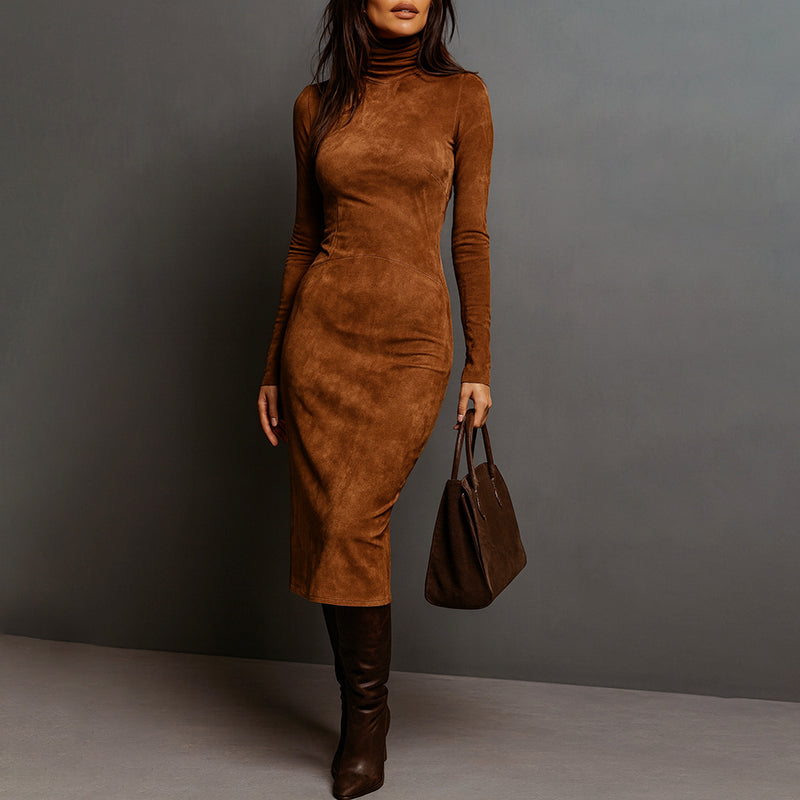 Sophia - Women's Suede Turtleneck Midi Dress