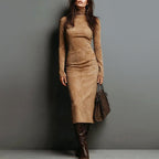 Sophia - Women's Suede Turtleneck Midi Dress