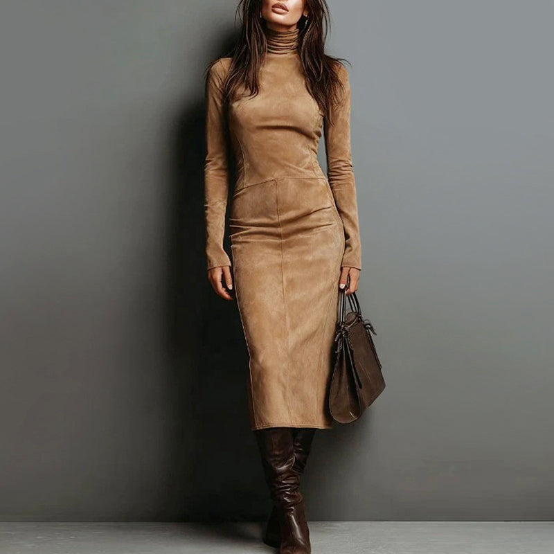 Sophia - Women's Suede Turtleneck Midi Dress